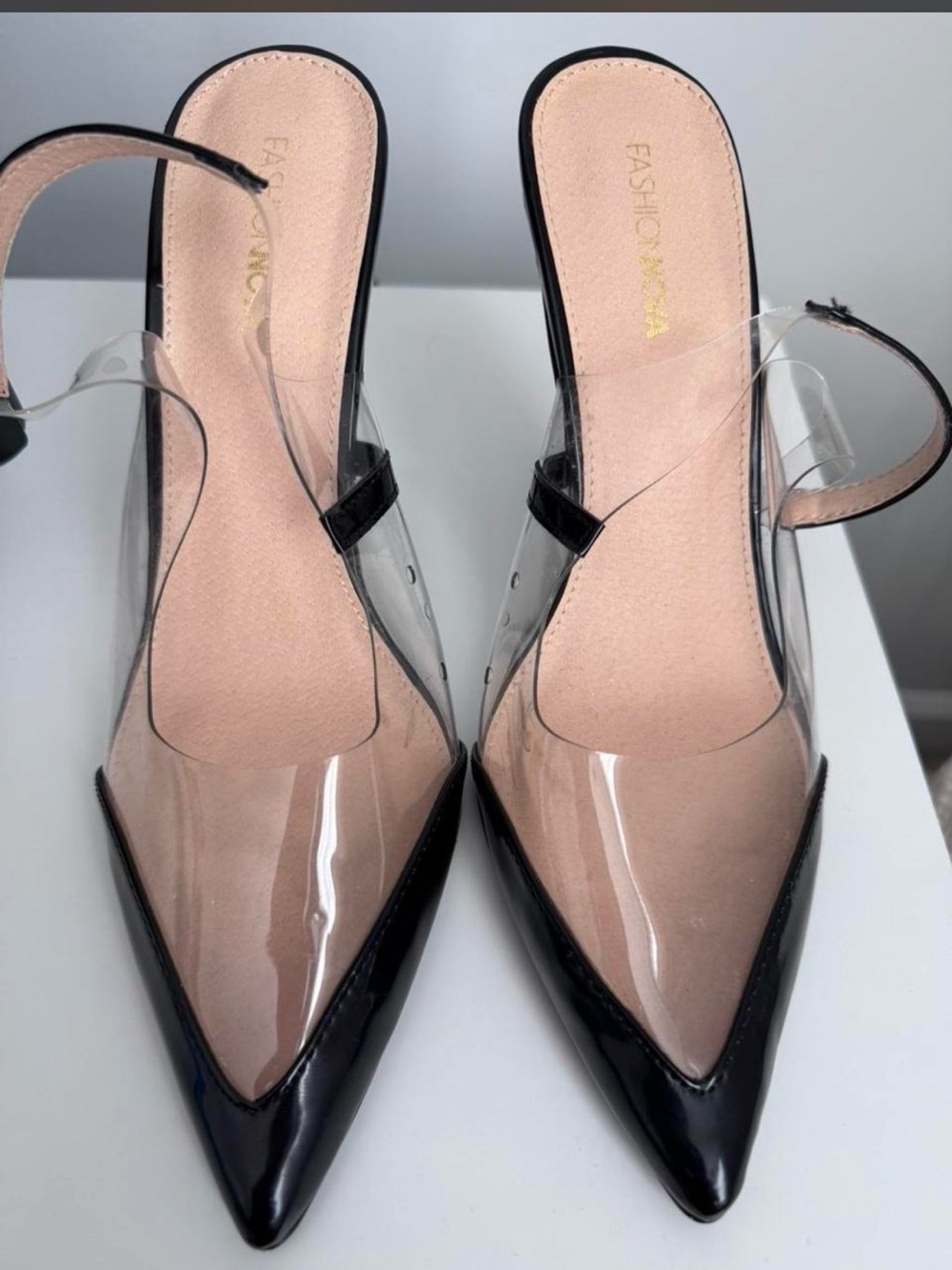 Fashion Nova Black and Clear Pointed Toe Slingback Heels